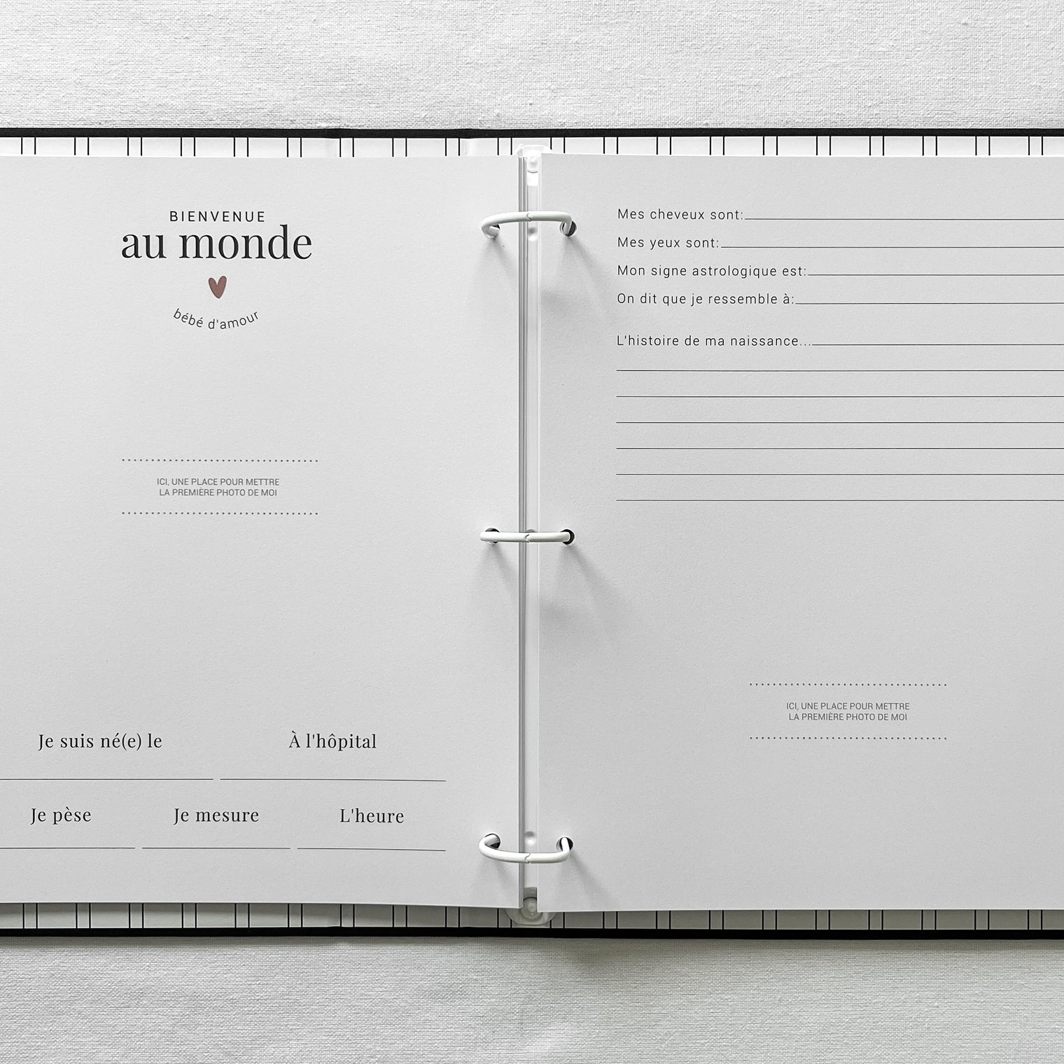 Livre bébé, Journal bébé, Planificateur de grossesse, Journal de grossesse, Cadeau de nouvelle maman, Baby Shower, Cadeau de shower, Cadeau de grossesse, future maman, souvenirs, mon histoire à moi, album de bébé, livre souvenirs, livre cartable de bébé, designer au Québec, noir, tissu, estampage or